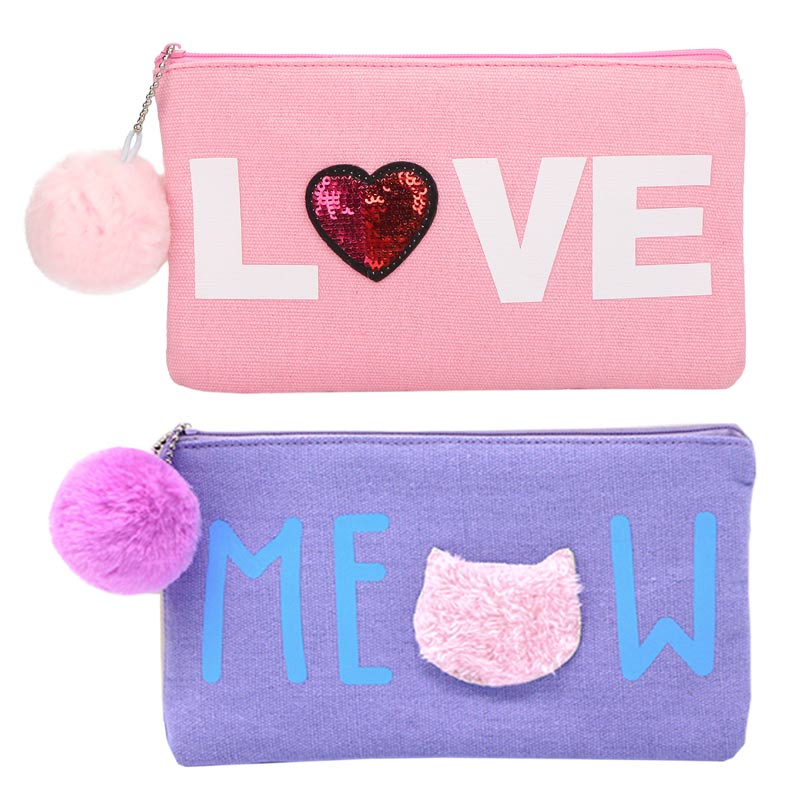 Flat Pencil Case with Pompon and Patch